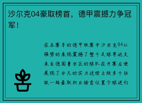 沙尔克04豪取榜首，德甲震撼力争冠军！