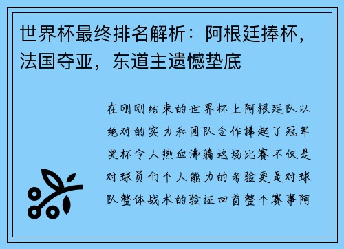 世界杯最终排名解析：阿根廷捧杯，法国夺亚，东道主遗憾垫底