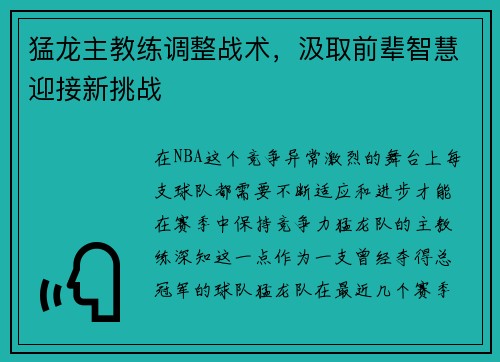 猛龙主教练调整战术，汲取前辈智慧迎接新挑战