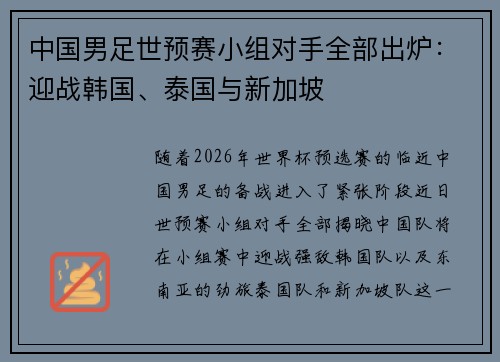 中国男足世预赛小组对手全部出炉：迎战韩国、泰国与新加坡