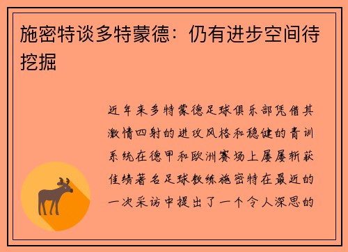 施密特谈多特蒙德：仍有进步空间待挖掘