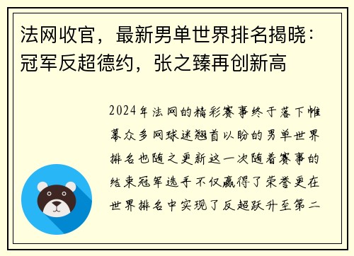 法网收官，最新男单世界排名揭晓：冠军反超德约，张之臻再创新高