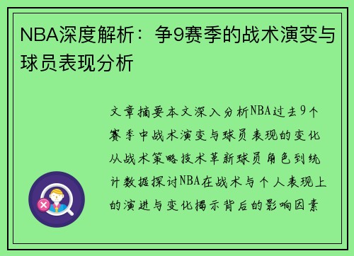 NBA深度解析：争9赛季的战术演变与球员表现分析