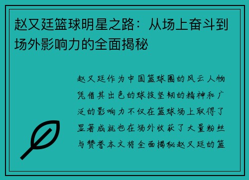 赵又廷篮球明星之路：从场上奋斗到场外影响力的全面揭秘